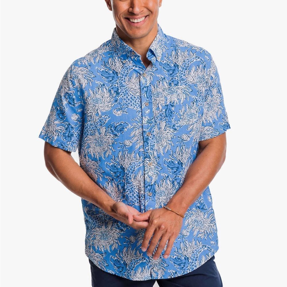 Lilly Pulitzer x Southern Tide Mens Linen Shirt Size Large Blue Floral Hawaiian
